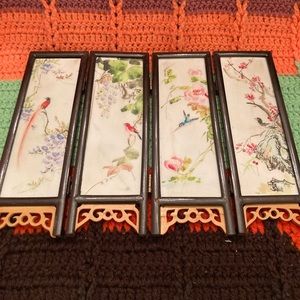 Japanese Folding Screen Painted Tile Bird Floral Landscape Decor
